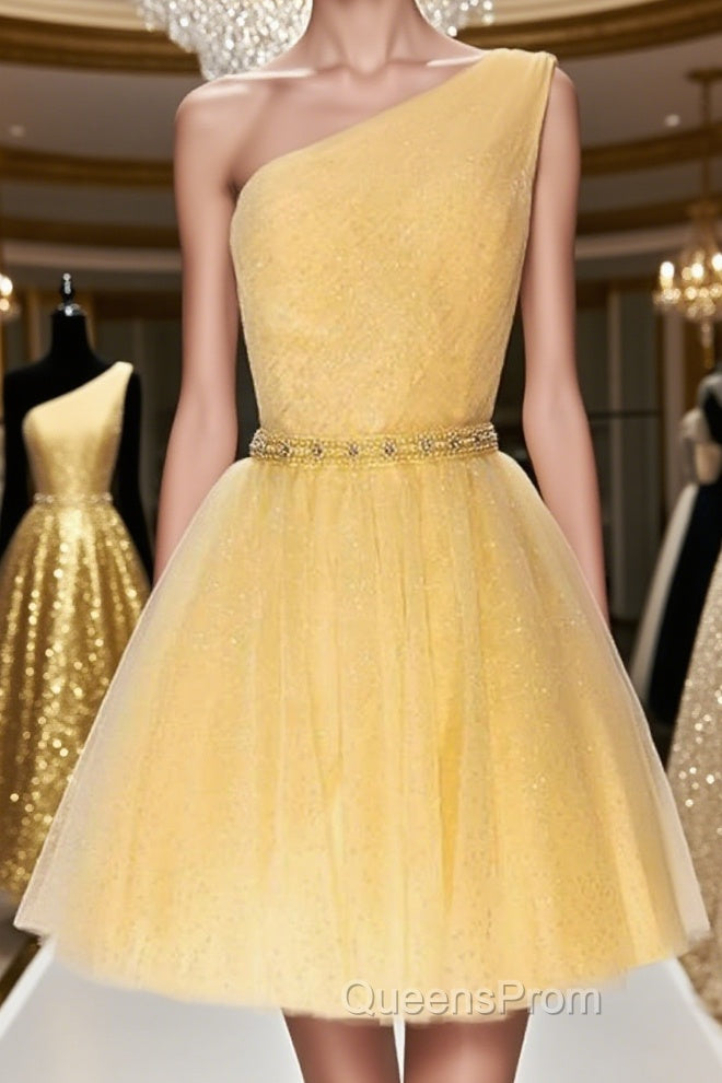Shiny One Shoulder Yellow Short Evening Prom Homecoming Dress with Belt, Short One Shoulder Yellow Formal Evening Dress Main image