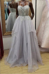 Shiny Open Back Gray Lace Long Evening Prom Dress, Gray Lace Formal Dress, Long Grey Evening Dress