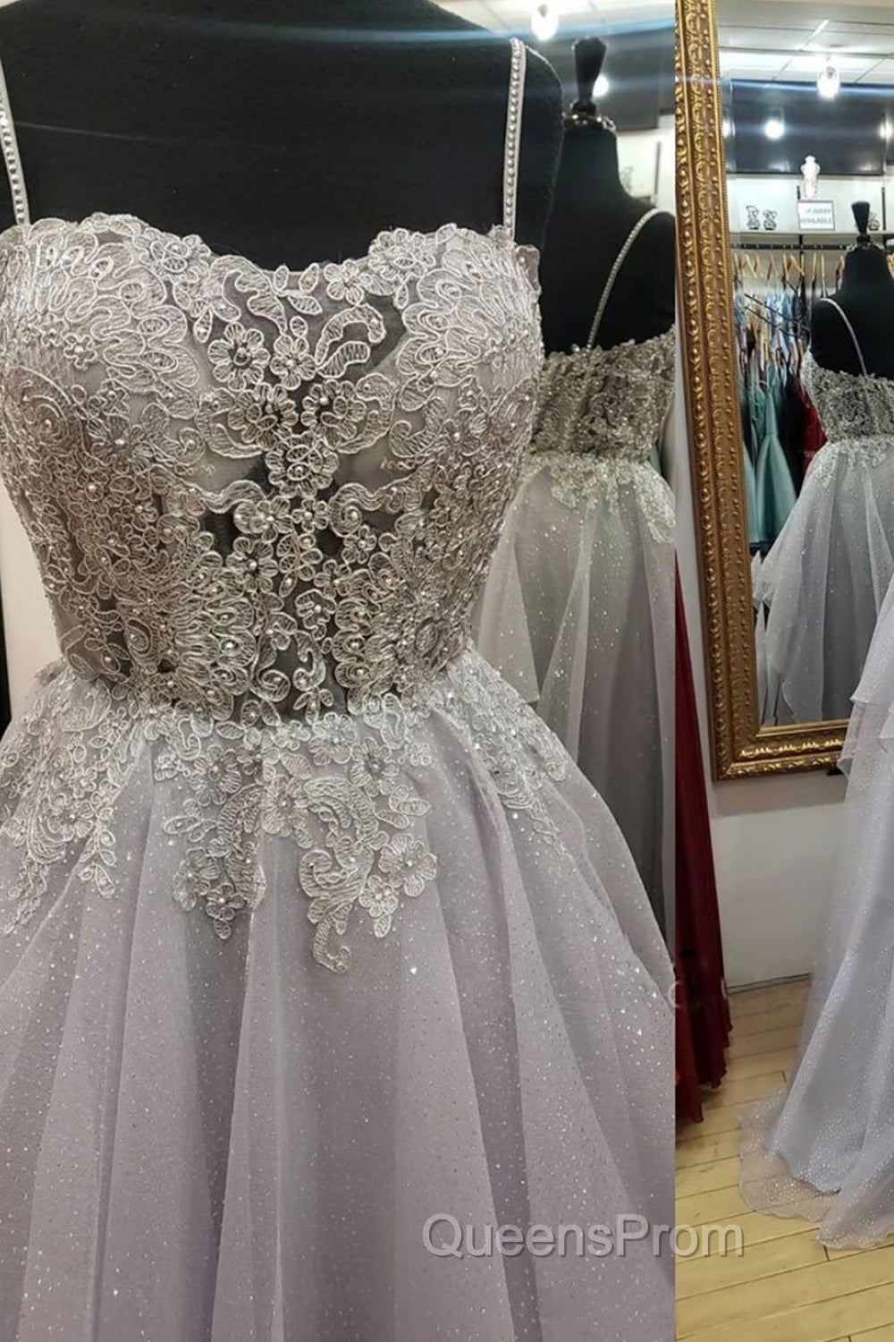 Shiny Open Back Gray Lace Long Evening Prom Dress, Gray Lace Formal Dress, Long Grey Evening Dress Secondary image