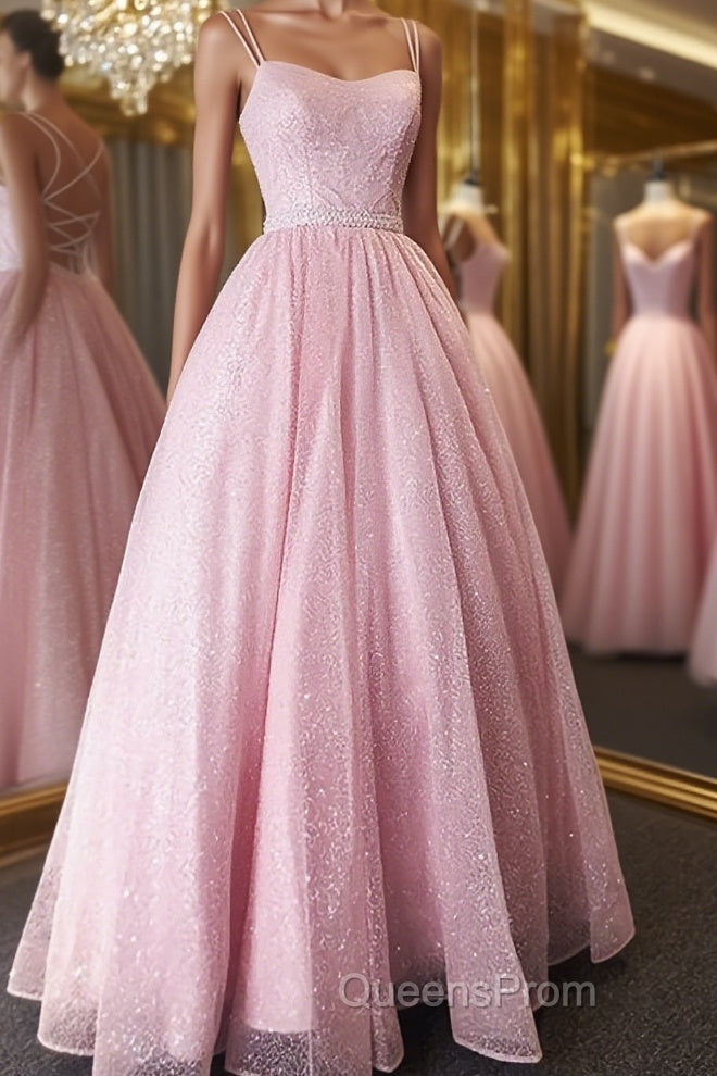 Shiny Pink Backless Long Evening Prom Dress, Pink Open Back Long Formal Evening Dress Main image