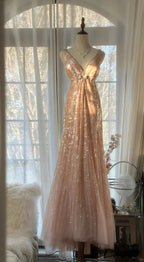 Shiny Princess Pink V-Neck Sequined Backless Mermaid Long Classy Prom Dress