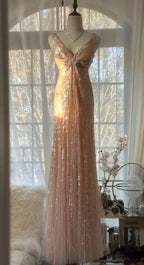 Shiny Princess Pink V-Neck Sequined Backless Mermaid Long Classy Prom Dress