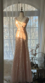 Shiny Princess Pink V-Neck Sequined Backless Mermaid Long Classy Prom Dress