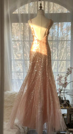 Shiny Princess Pink V-Neck Sequined Backless Mermaid Long Classy Prom Dress