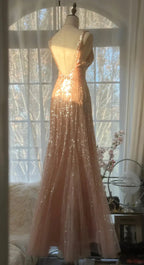 Shiny Princess Pink V-Neck Sequined Backless Mermaid Long Classy Prom Dress