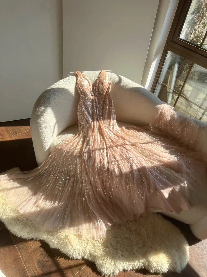 Shiny Princess Pink V-Neck Sequined Backless Mermaid Long Classy Prom Dress