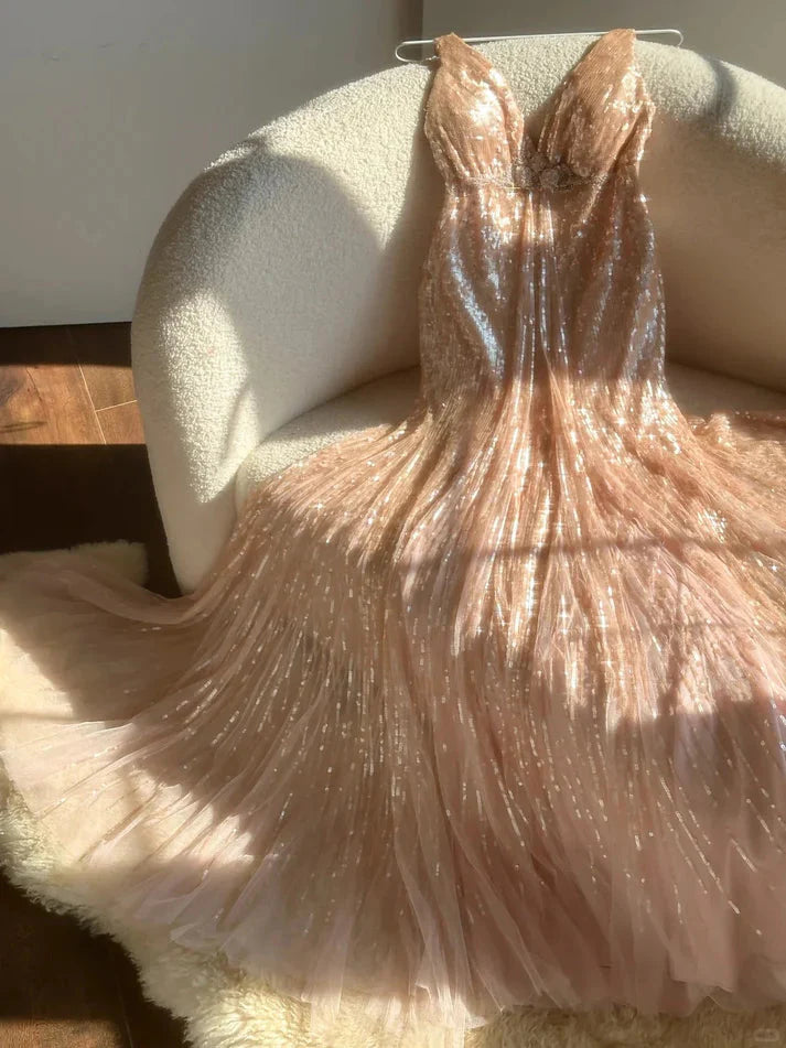 Shiny Princess Pink V-Neck Sequined Backless Mermaid Long Classy Prom Dress