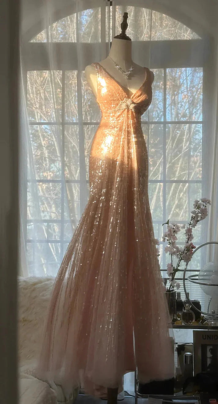 Shiny Princess Pink V-Neck Sequined Backless Mermaid Long Classy Prom Dress