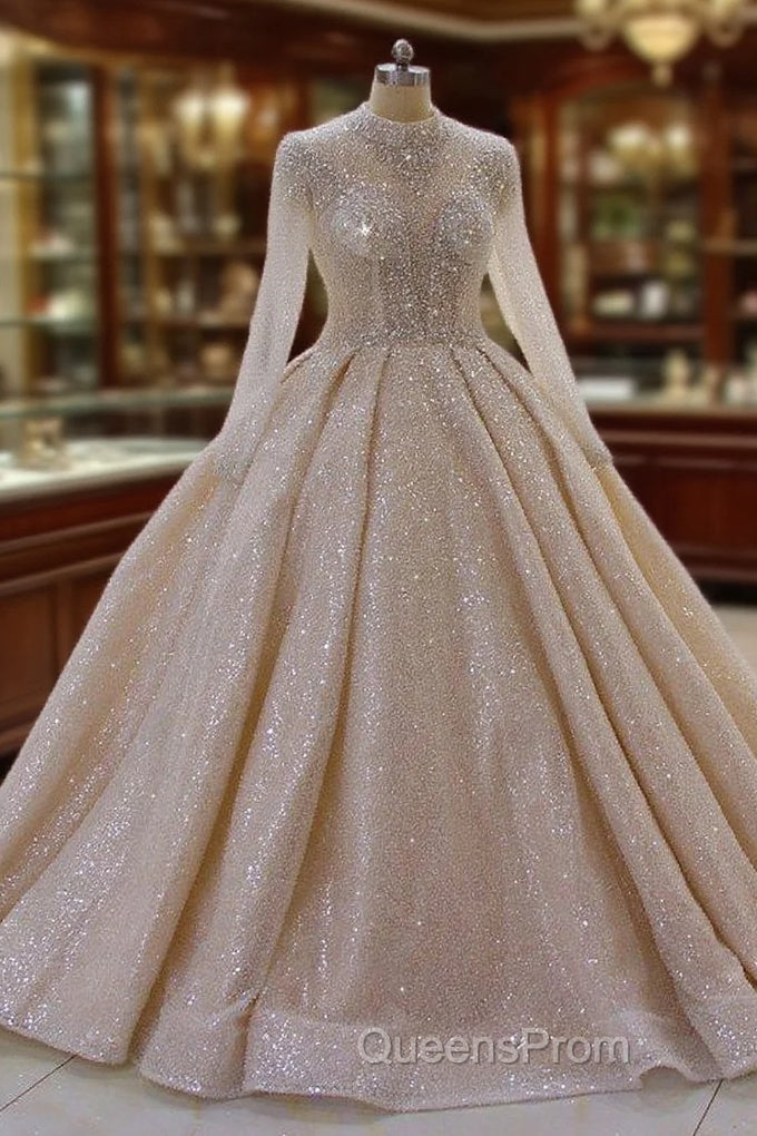 Shiny Sequined Long Sleevess Pleats Champange Wedding Dress Main image