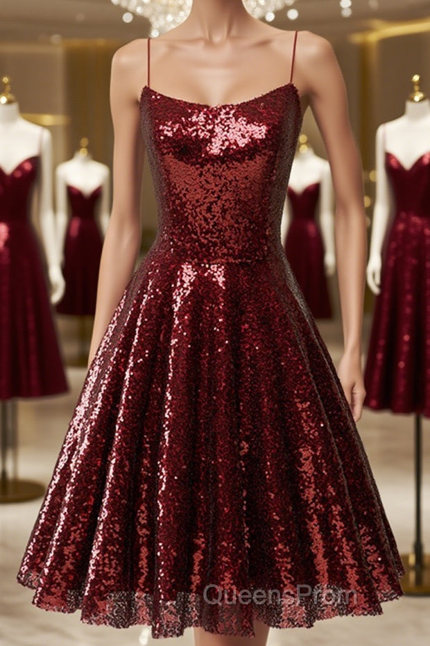 Shiny Sequins Backless Burgundy Short Evening Prom Dress, Backless Burgundy Homecoming Dress, Burgundy Formal Evening Dress Main image