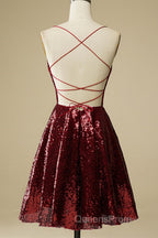 Shiny Sequins Backless Burgundy Short Evening Prom Dress, Backless Burgundy Homecoming Dress, Burgundy Formal Evening Dress