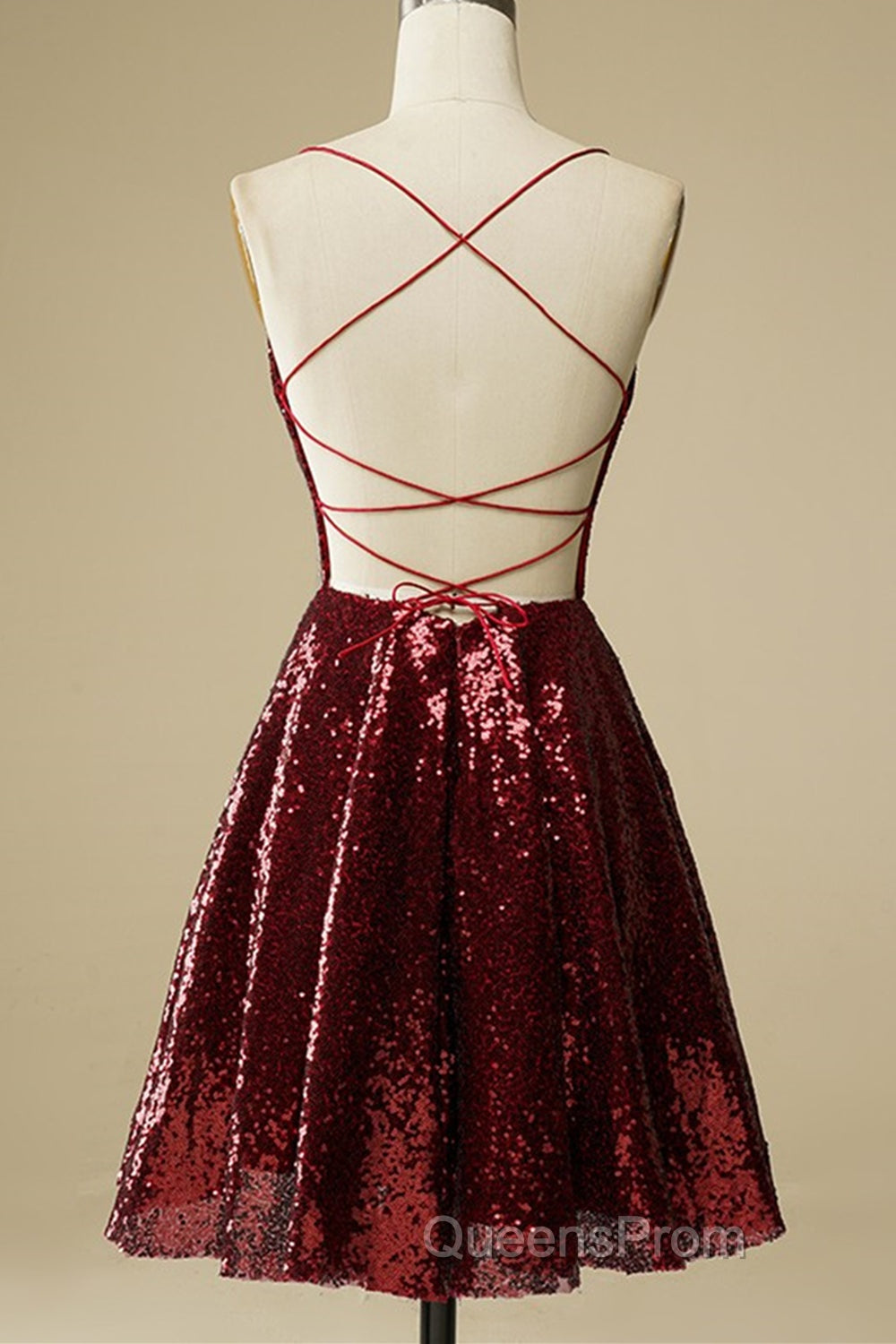 Shiny Sequins Backless Burgundy Short Evening Prom Dress, Backless Burgundy Homecoming Dress, Burgundy Formal Evening Dress