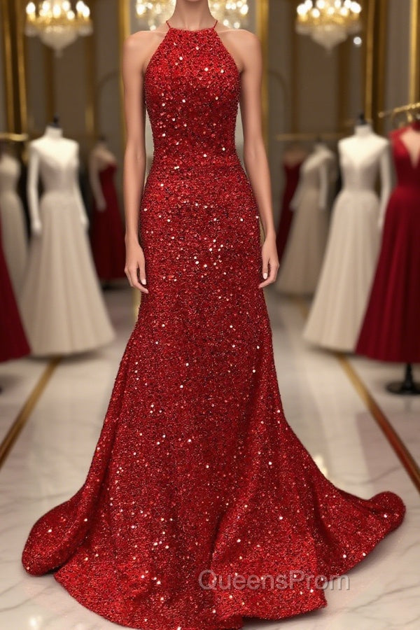 Shiny Sequins Backless Mermaid Red Long Evening Prom Dress, Mermaid Red Formal Dress, Backless Red Evening Dress Main image