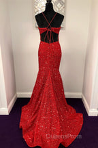 Shiny Sequins Backless Mermaid Red Long Evening Prom Dress, Mermaid Red Formal Dress, Backless Red Evening Dress