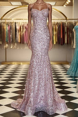Shiny Sequins Mermaid Pink Long Evening Prom Dress, Sweetheart Neck Pink Formal Dress, Mermaid Pink Evening Dress