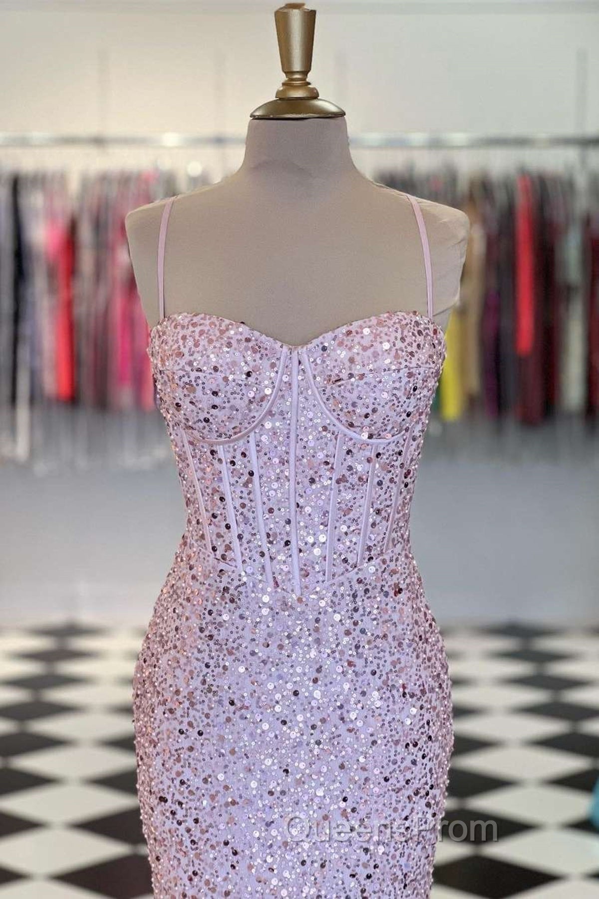 Shiny Sequins Mermaid Pink Long Evening Prom Dress, Sweetheart Neck Pink Formal Dress, Mermaid Pink Evening Dress Secondary image