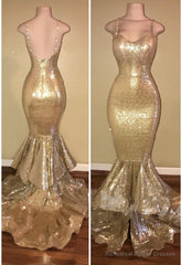 Shiny Sequins Mermaid Spaghettis-Straps Layers-Train Gold Prom Dresses