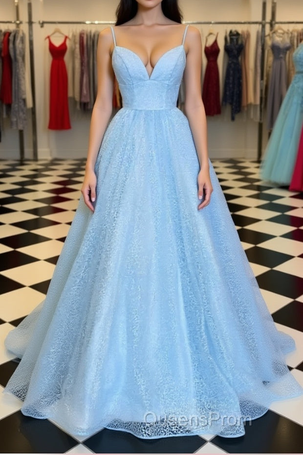 Shiny Sequins V Neck Blue Long Evening Prom Dress, Sparkly Blue Formal Graduation Evening Dress Main image