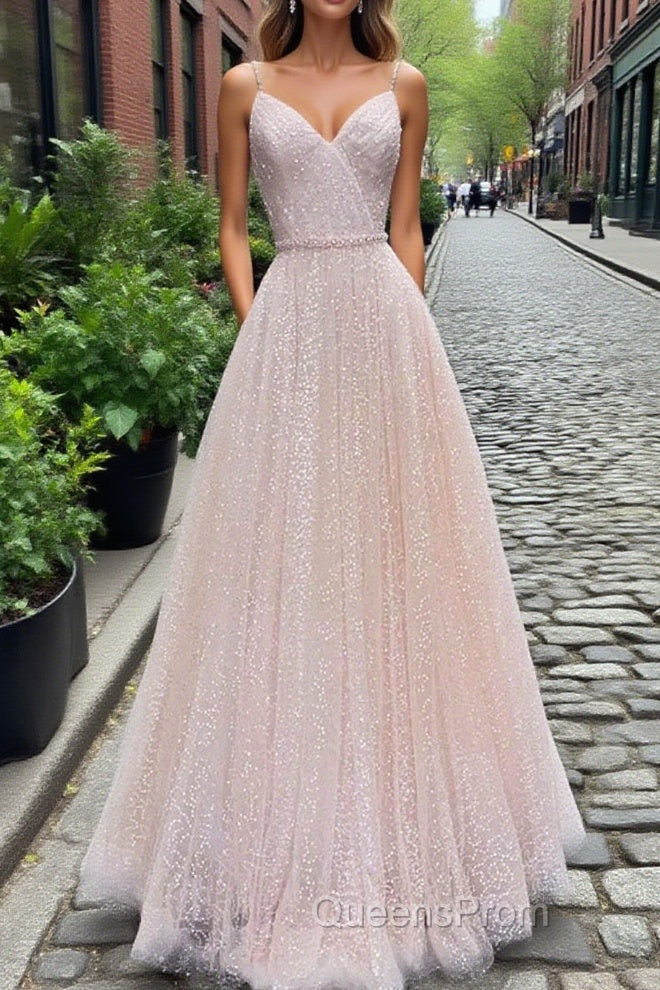 Shiny Sequins V Neck Pink Long Evening Prom Dress, V Neck Pink Formal Graduation Evening Dress Main image
