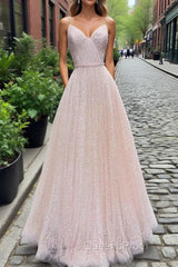 Shiny Sequins V Neck Pink Long Evening Prom Dress, V Neck Pink Formal Graduation Evening Dress