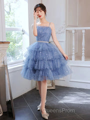 Shiny Short Puffy Blue Evening Prom Dress A-Line Puffy Homecoming Dress