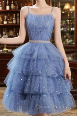 Shiny Short Puffy Blue Evening Prom Dress A-Line Puffy Homecoming Dress