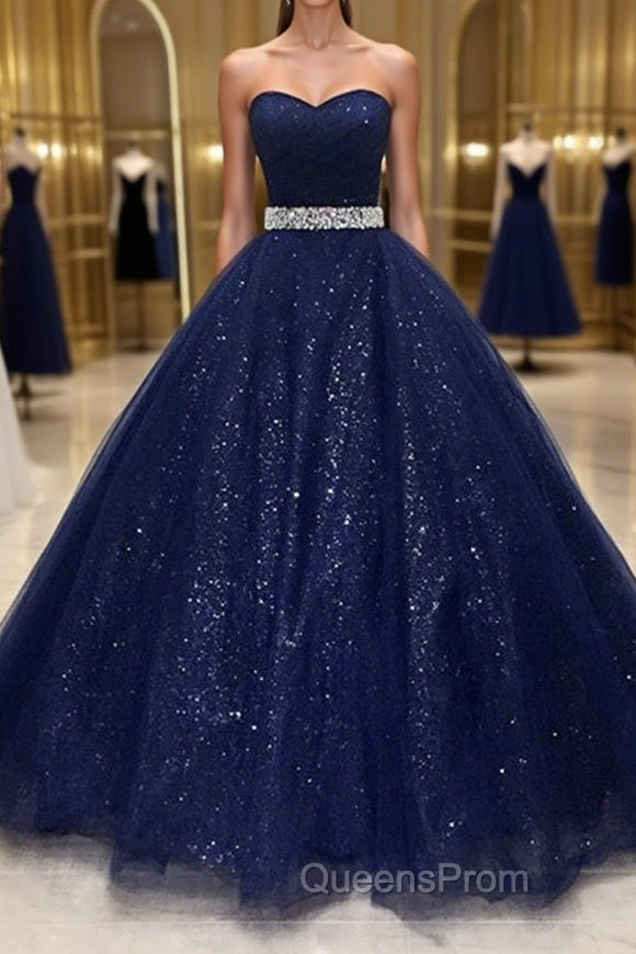Shiny Strapless Dark Blue Long Evening Prom Dress, Dark Blue Long Formal Evening Gown