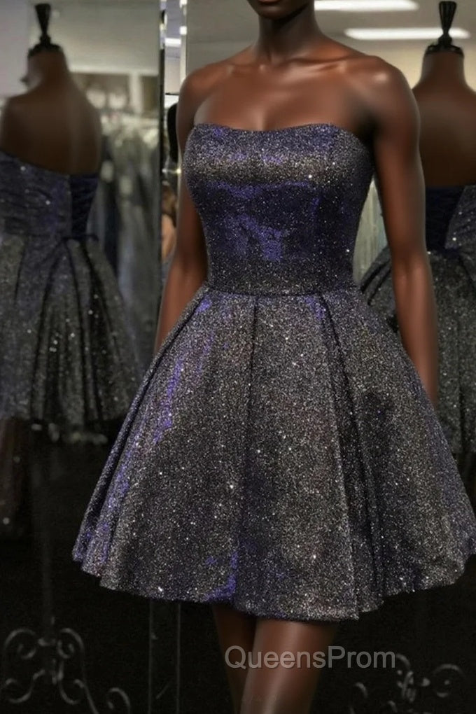 Shiny Strapless Open Back Short Black Evening Prom Dress, Open Back Black Homecoming Dress, Black Formal Evening Dress Main image