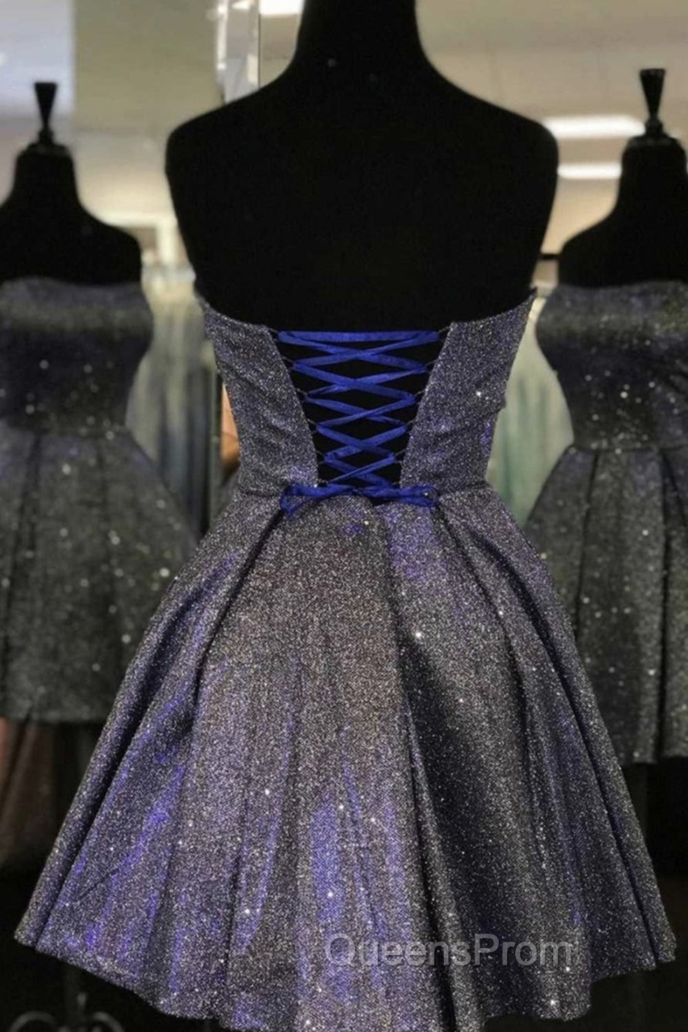 Shiny Strapless Open Back Short Black Evening Prom Dress, Open Back Black Homecoming Dress, Black Formal Evening Dress Secondary image