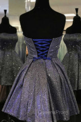 Shiny Strapless Open Back Short Black Evening Prom Dress, Open Back Black Homecoming Dress, Black Formal Evening Dress