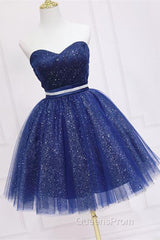 Shiny Strapless Sweetheart Neck Blue Short Evening Prom Homecoming Dress with Belt, Sparkly Blue Formal Evening Dress