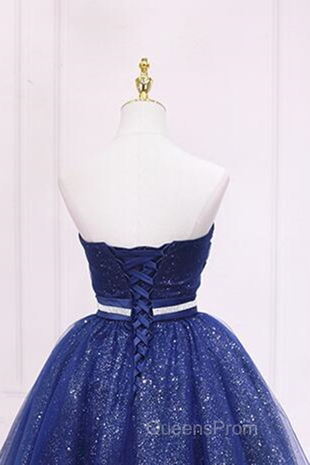 Shiny Strapless Sweetheart Neck Blue Short Evening Prom Homecoming Dress with Belt, Sparkly Blue Formal Evening Dress
