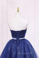 Shiny Strapless Sweetheart Neck Blue Short Evening Prom Homecoming Dress with Belt, Sparkly Blue Formal Evening Dress