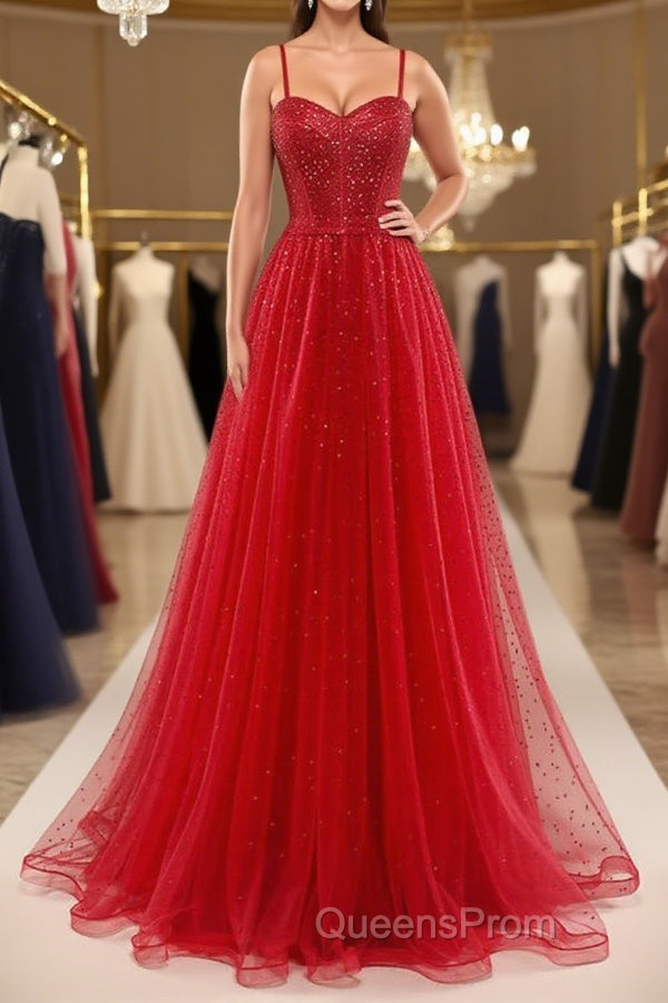 Shiny Sweetheart Neck Red Tulle Beaded Long Evening Prom Dress, Open Back Red Tulle Formal Graduation Evening Dress Main image