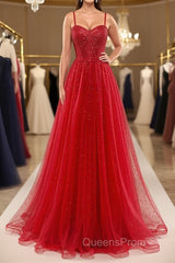 Shiny Sweetheart Neck Red Tulle Beaded Long Evening Prom Dress, Open Back Red Tulle Formal Graduation Evening Dress