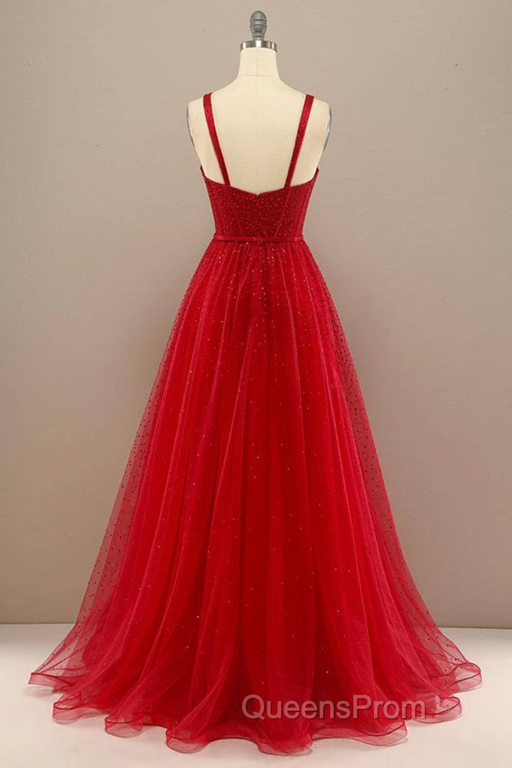Shiny Sweetheart Neck Red Tulle Beaded Long Evening Prom Dress, Open Back Red Tulle Formal Graduation Evening Dress Secondary image
