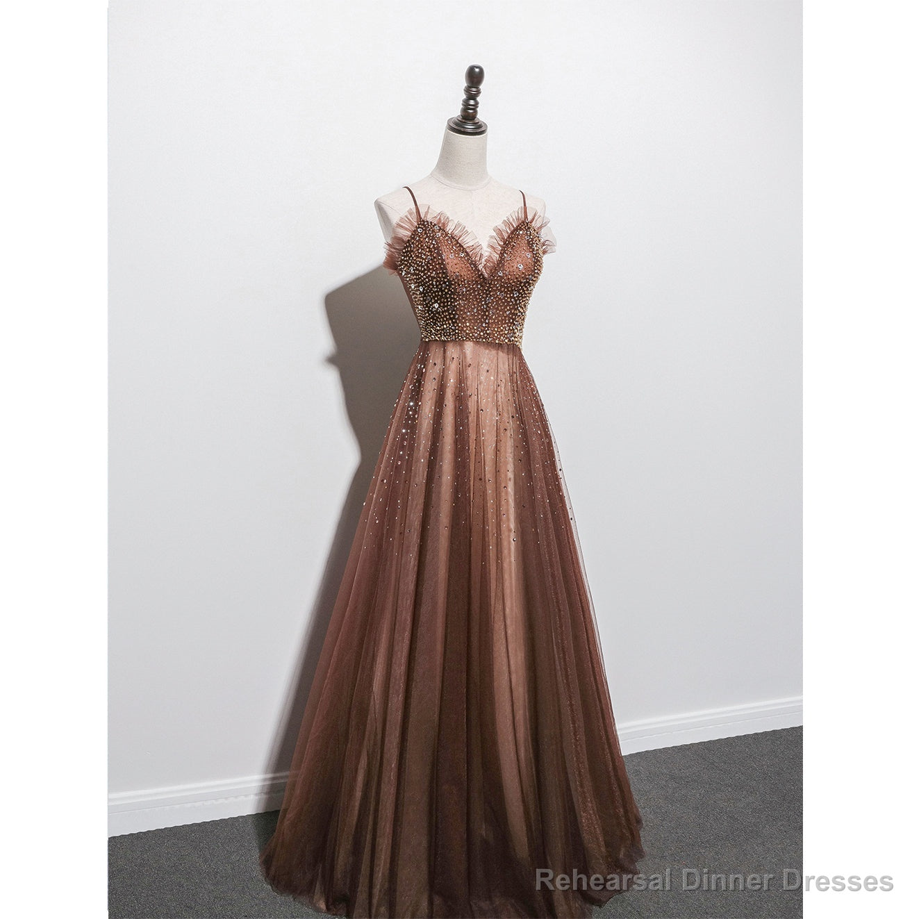 Shiny Tulle Beaded Long Straps Floor Length Party Dress, A-line Prom Gown Main image
