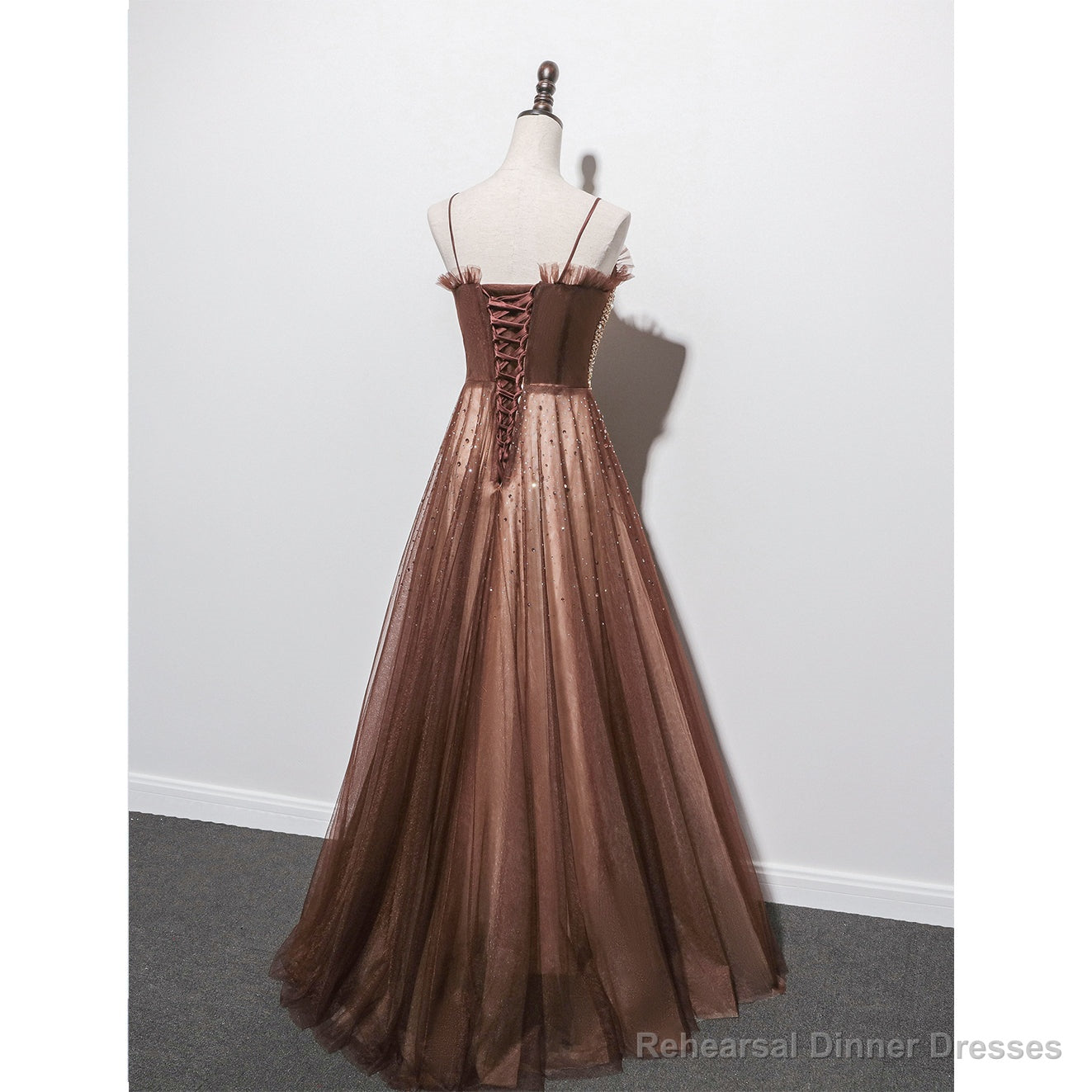 Shiny Tulle Beaded Long Straps Floor Length Party Dress, A-line Prom Gown