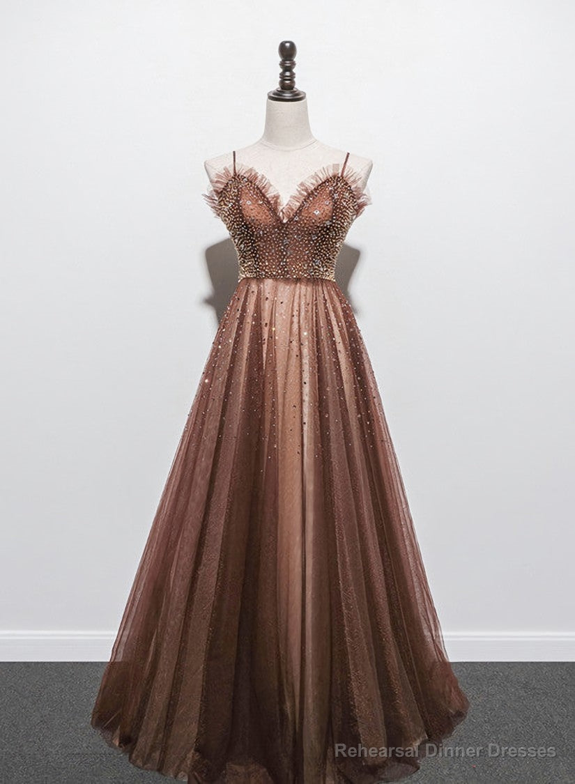 Shiny Tulle Beaded Long Straps Floor Length Party Dress, A-line Prom Gown Secondary image