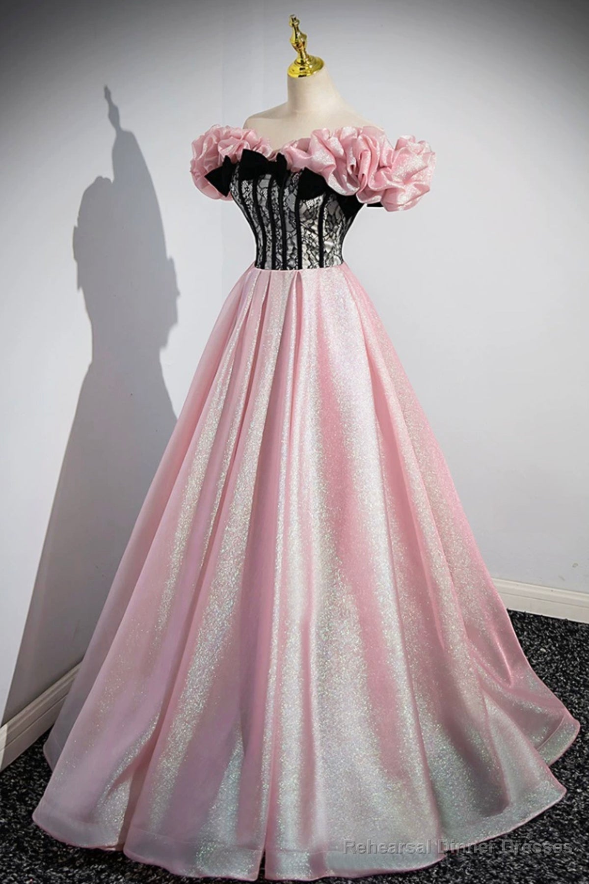 Shiny Tulle Long A-Line Pink Corset Prom Dress, Off the Shoulder Evening Party Dress Secondary image