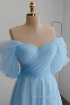 Shiny Tulle Off the Shoulder Tea Length Evening Prom Dress, Homecoming Dress, Off Shoulder Formal Graduation Evening Dress