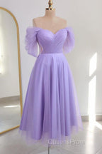 Shiny Tulle Off the Shoulder Tea Length Evening Prom Dress, Homecoming Dress, Off Shoulder Formal Graduation Evening Dress
