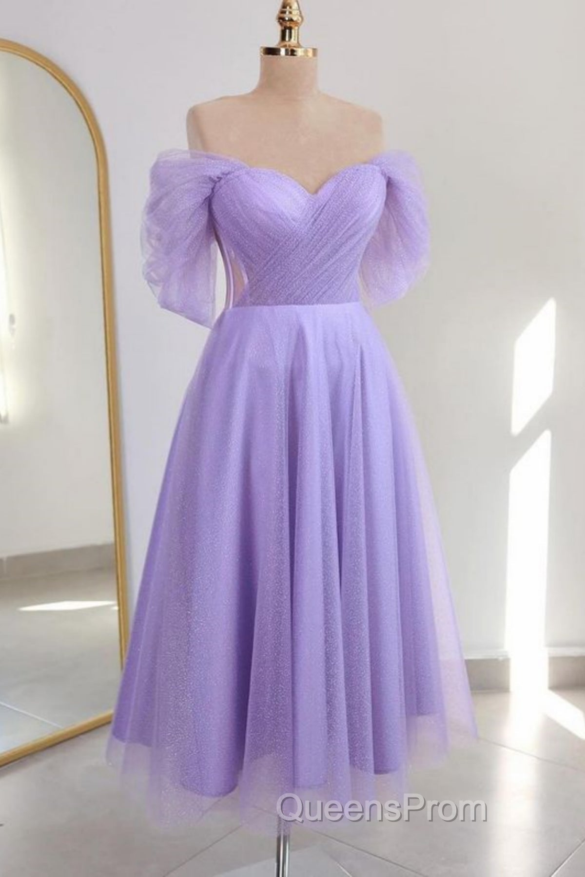 Shiny Tulle Off the Shoulder Tea Length Evening Prom Dress, Homecoming Dress, Off Shoulder Formal Graduation Evening Dress
