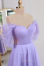 Shiny Tulle Off the Shoulder Tea Length Evening Prom Dress, Homecoming Dress, Off Shoulder Formal Graduation Evening Dress