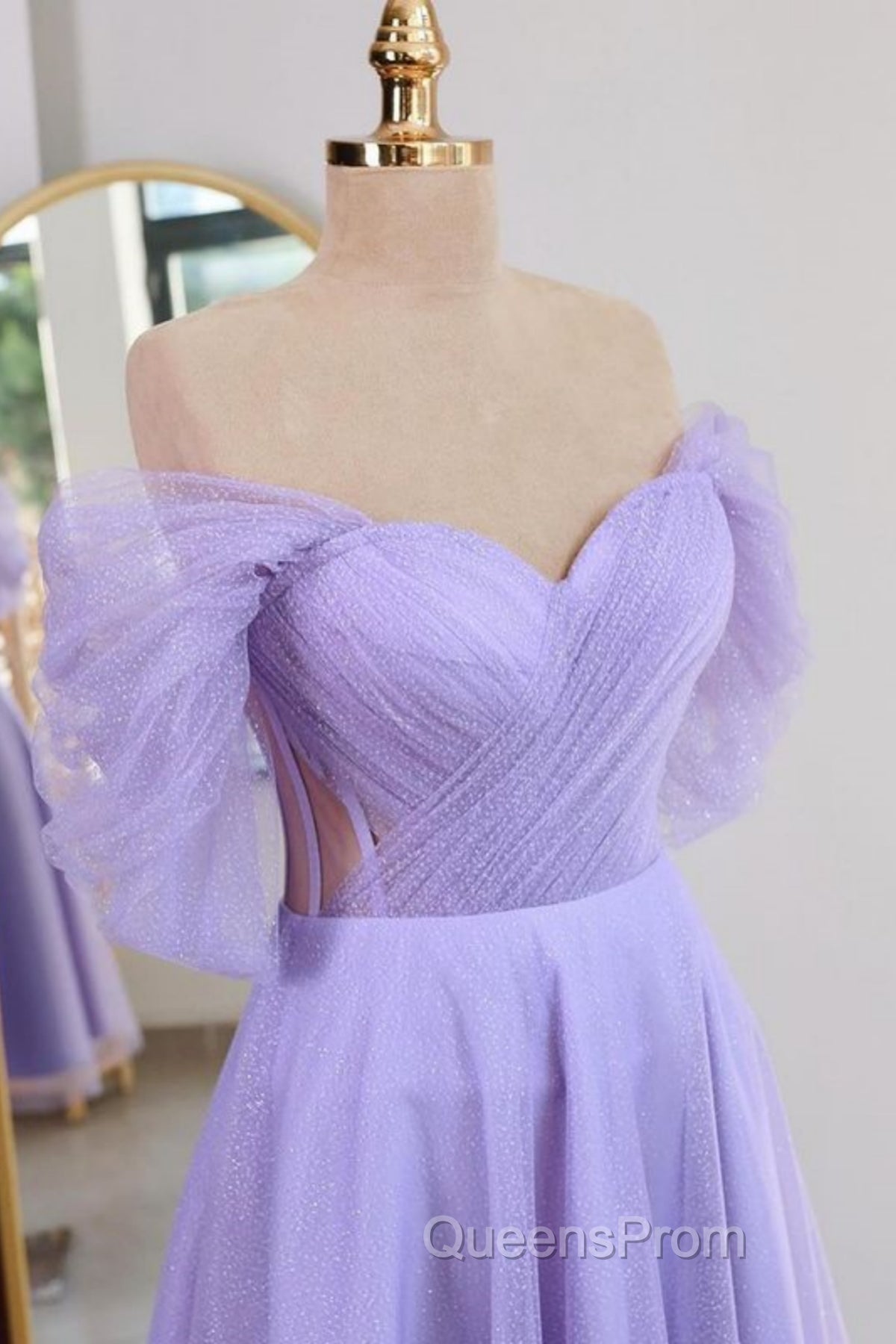 Shiny Tulle Off the Shoulder Tea Length Evening Prom Dress, Homecoming Dress, Off Shoulder Formal Graduation Evening Dress