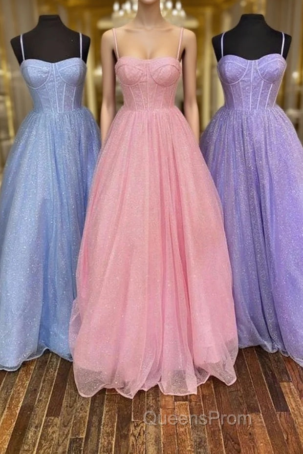 Shiny Tulle Open Back Long Evening Prom Dress, Long Tulle Formal Graduation Evening Dress Main image