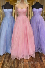 Shiny Tulle Open Back Long Evening Prom Dress, Long Tulle Formal Graduation Evening Dress
