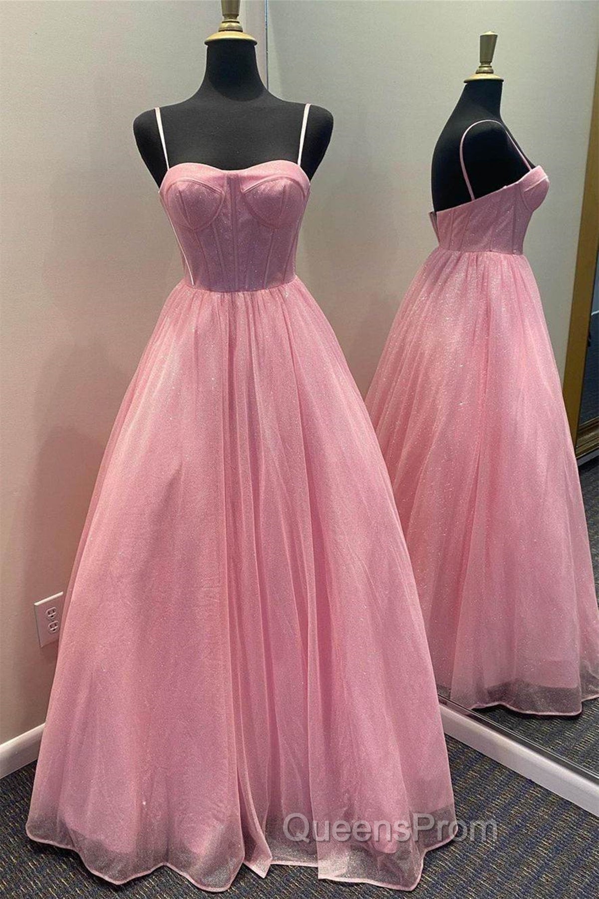 Shiny Tulle Open Back Long Evening Prom Dress, Long Tulle Formal Graduation Evening Dress