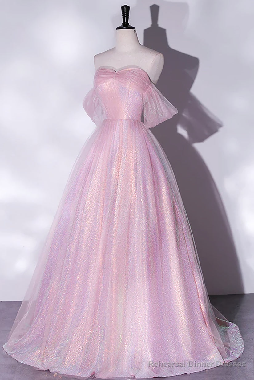 Shiny tulle sequins long pink prom dress A-line evening dress Main image