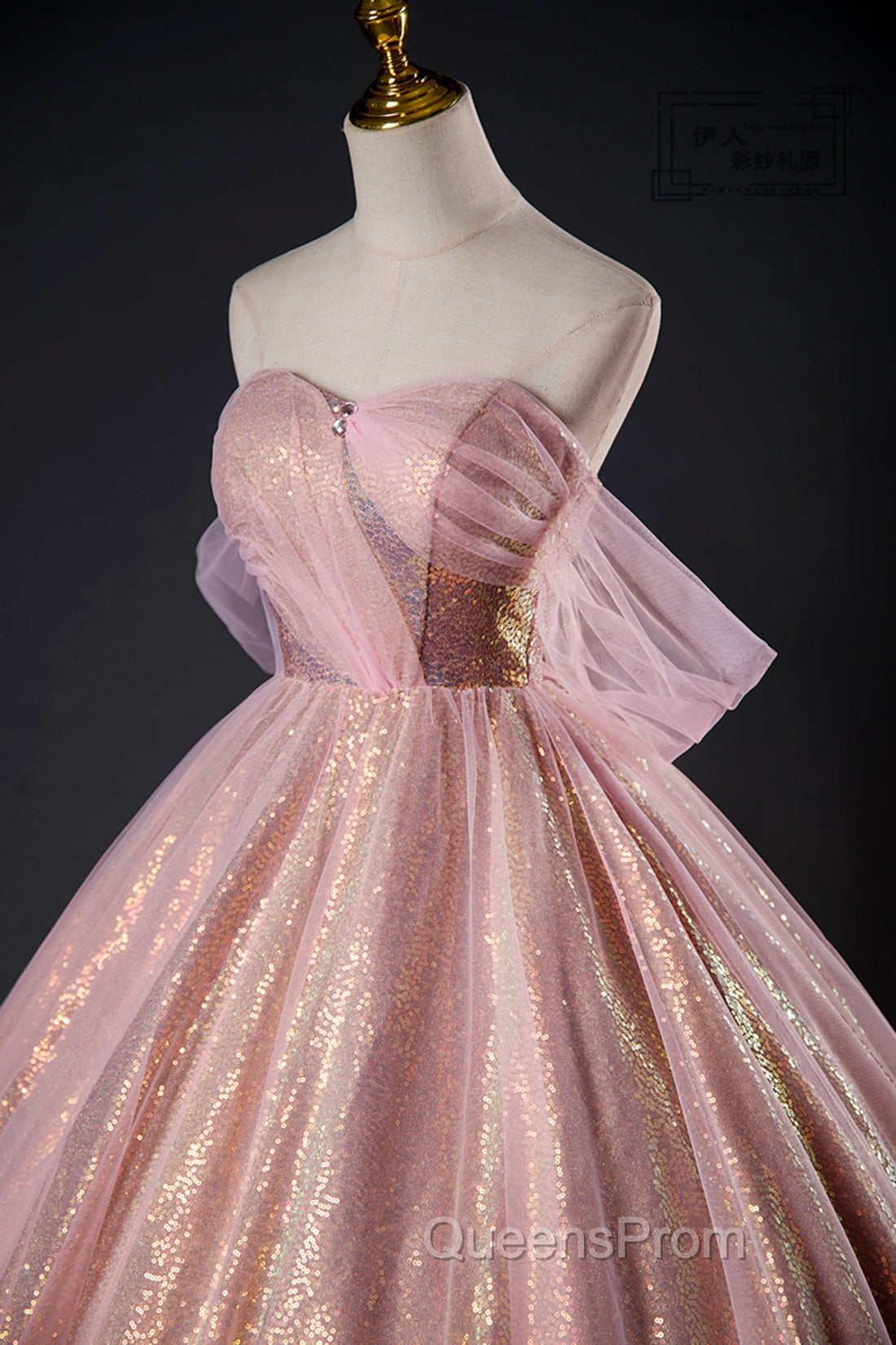 Shiny Tulle Sequins Long Evening Prom Dress, Beautiful Pink Formal Dress Sweet 16 Dress Secondary image
